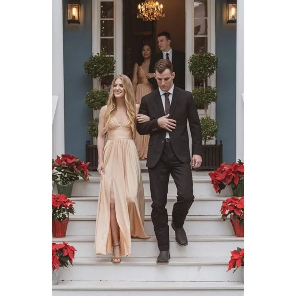 Champagne Gold Bridesmaid Dress – Elegant V-Neck Satin Chiffon Gown for Wedding, Prom & Formal Events