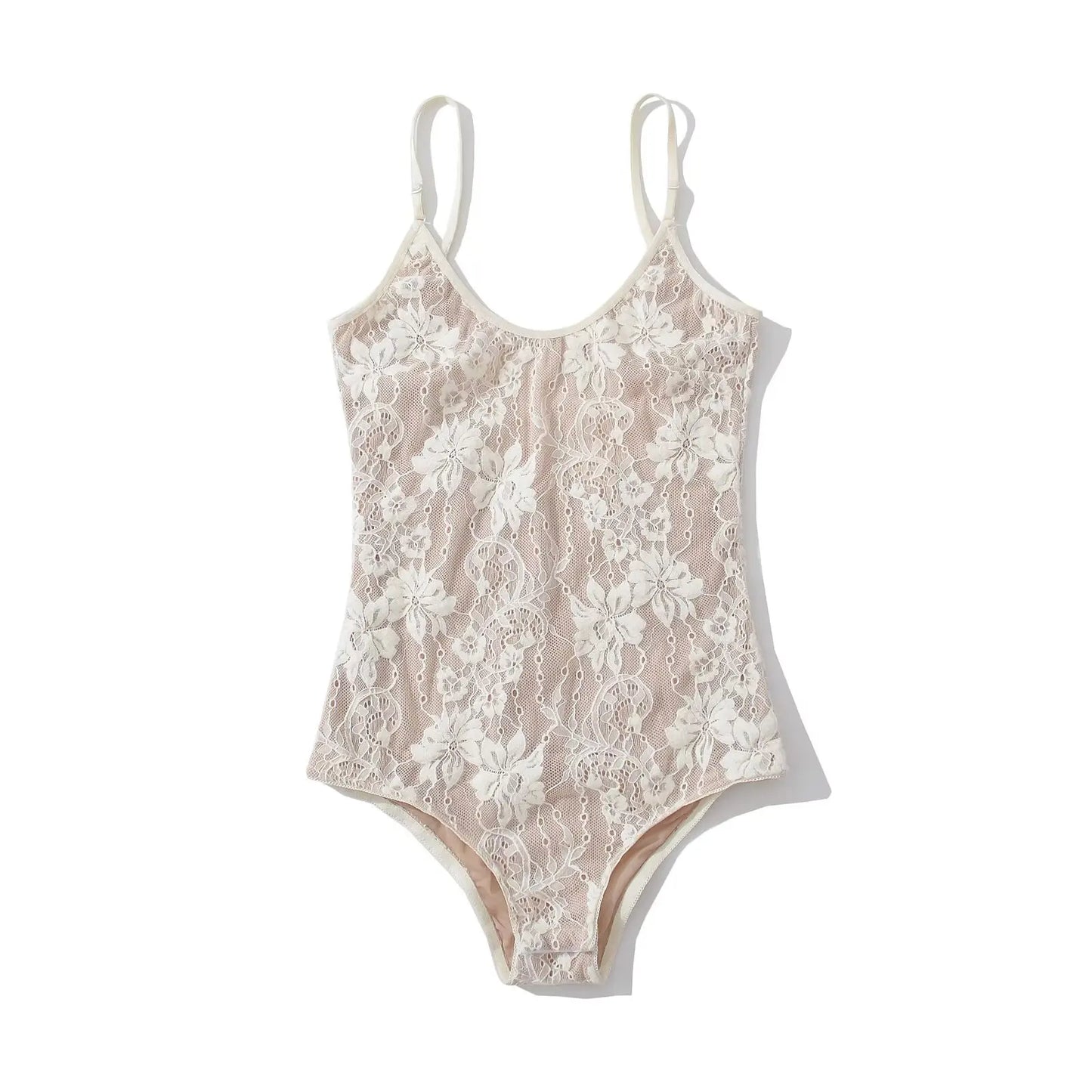 Sexy Sheer Lace Backless Spaghetti Strap Bodysuit with Lining – Slim Fit Tight Short Romper for Women