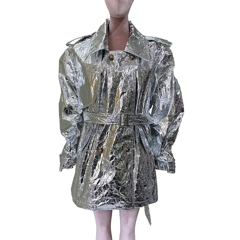Autumn Oversized Shiny Silver Trench Coat for Women Belt Double Breasted European Fashion Emo Clothes Y2K Streetwear