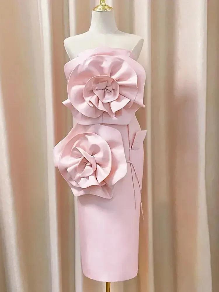 Midi Dress for Women - Elegant Pink & White Strapless Design with Sexy Tight Fit & 3D Flower Detail - Celebrity Party Dress Summer 2029