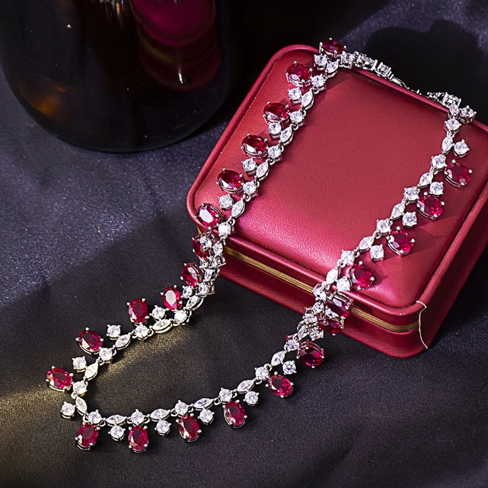 Luxury 925 Sterling Silver Oval-Cut Ruby & Moissanite Necklace | 6×8mm Gemstone Pendant for Women | Fine Jewelry Anniversary Gift