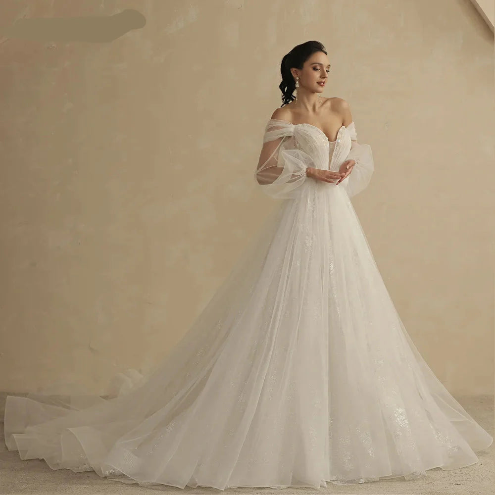 Custom A-Line Lace Wedding Dress with Off-Shoulder V-Neck and Puffy Sleeves — Elegant Bridal Gown