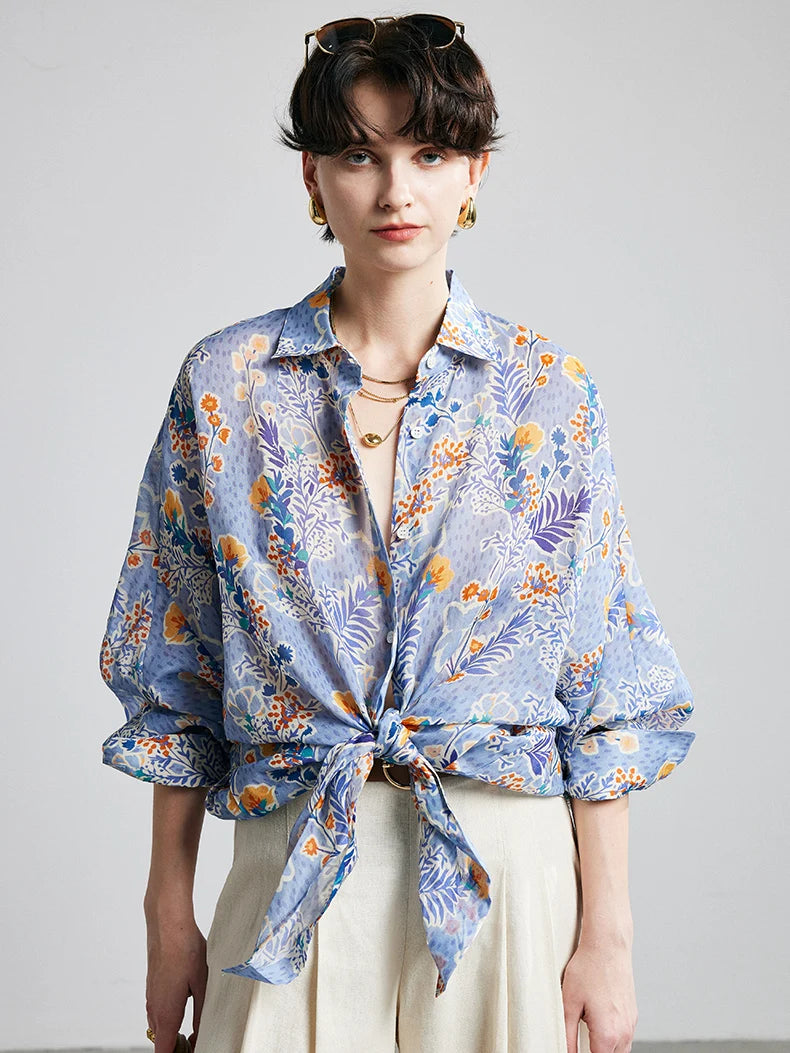 100% Ramie Floral Blouse  -  Pink Turn-Down Collar Shirt