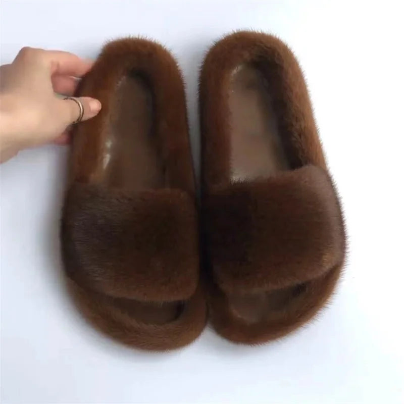 Luxury Real Mink Fur Slippers for Women – Summer Flat Slides with Plush Fur and Sheepskin Insole