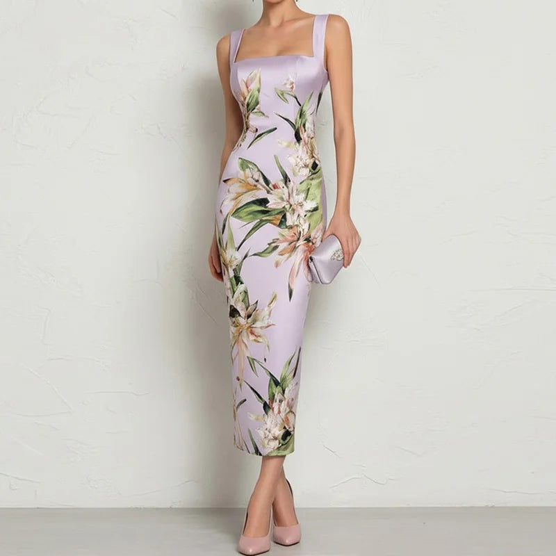 Square Collar Backless Printed A-Line Summer Dress