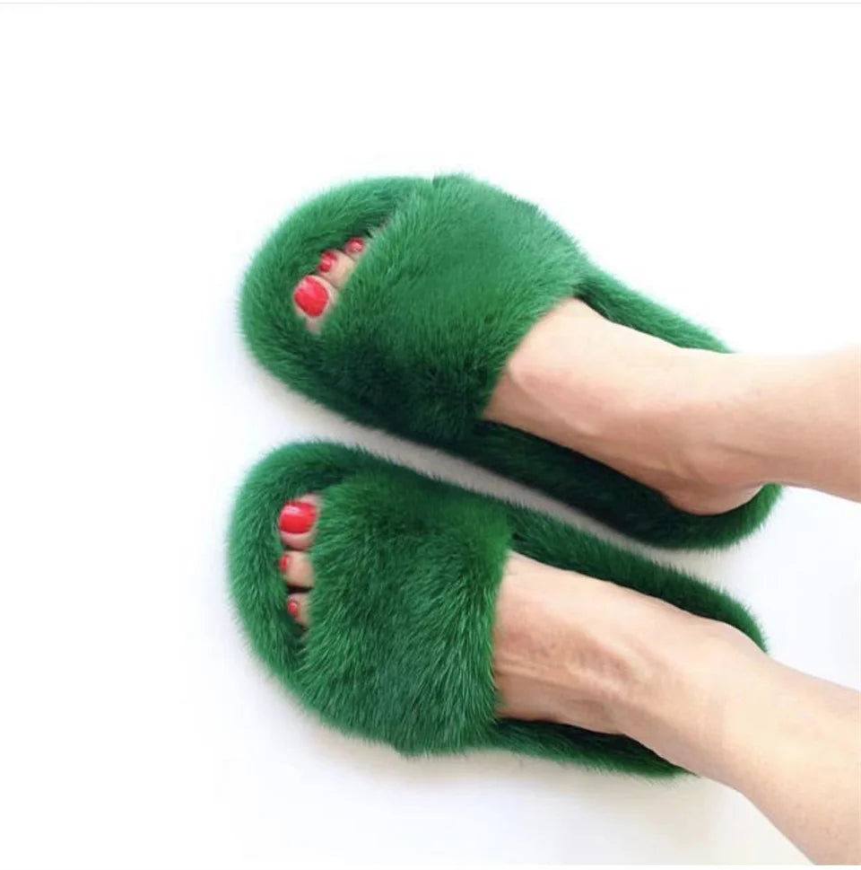 Luxury Real Mink Fur Slippers for Women – Summer Flat Slides with Plush Fur and Sheepskin Insole