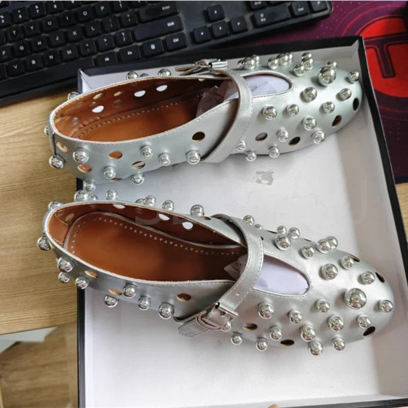 New Rivet Round Head Flat Shoes Orange Leather Sandal Buckle Ballet Sandal Silver Hollow Mary Jane Shoes Lipstick Key Bag 34-45