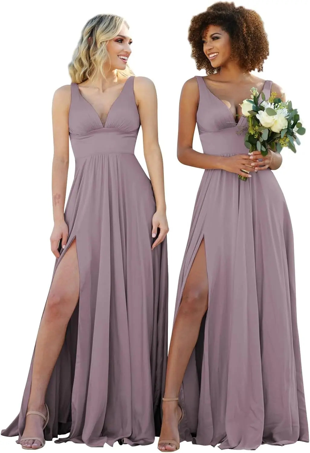 Champagne Gold Bridesmaid Dress – Elegant V-Neck Satin Chiffon Gown for Wedding, Prom & Formal Events