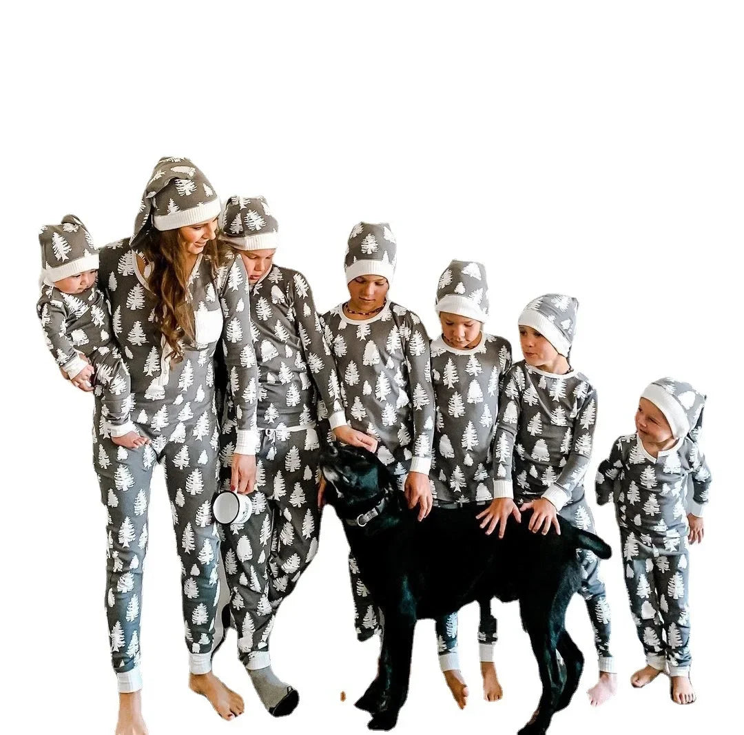Christmas Family Matching Pajamas Set – Festive Tree Print Short Sleeve & Pants for Dad, Mom, Kids & Baby
