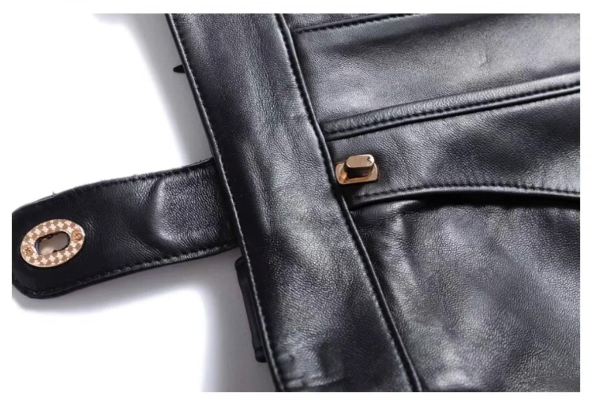 Fashion New Genuine Leather Office Lady for Women Sheepskin Elastic Waist Wrap Long Faldas Mujer Mid Length Front Slit Pocket