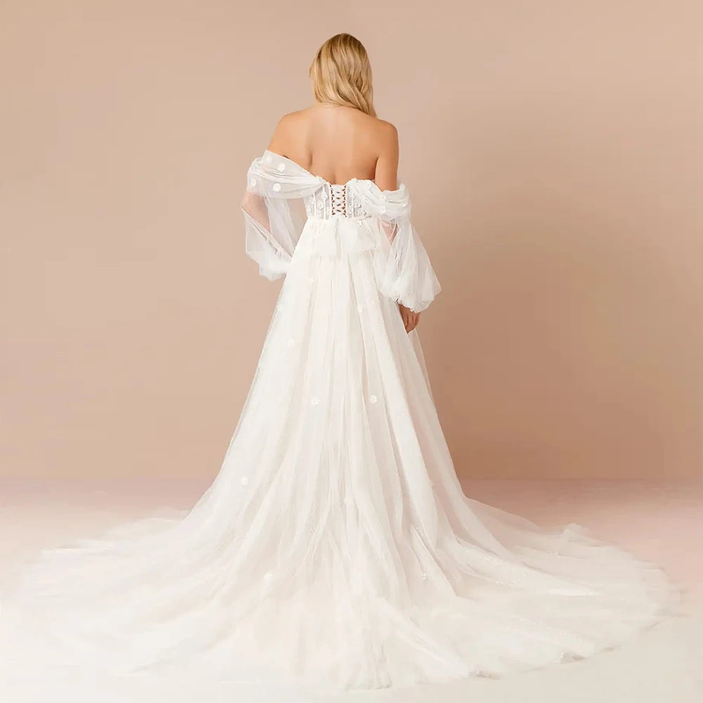 Modern Strapless Ivory Wedding Dress with Lace Off-Shoulder Sleeves and Soft Tulle Court Train