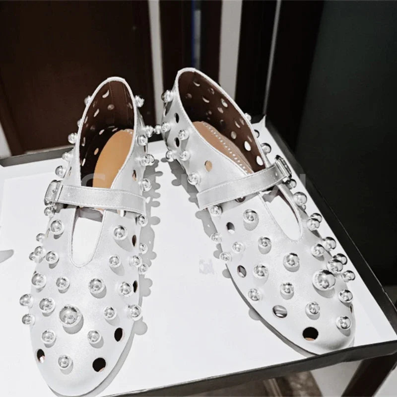 New Rivet Round Head Flat Shoes Orange Leather Sandal Buckle Ballet Sandal Silver Hollow Mary Jane Shoes Lipstick Key Bag 34-45