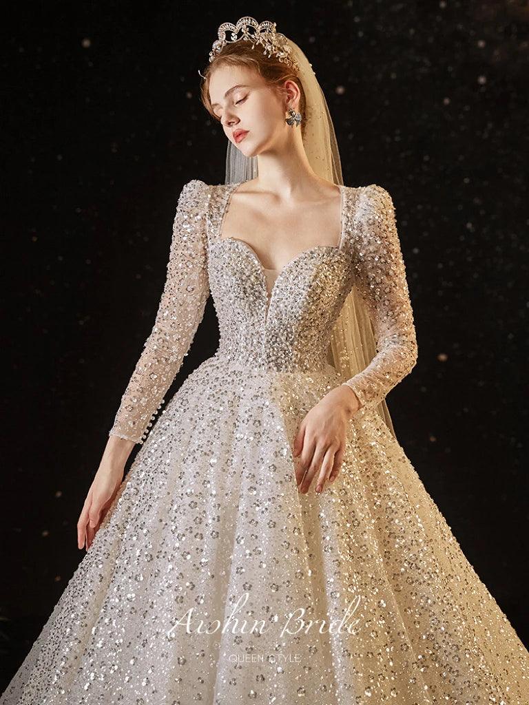 Luxury Sequined A-Line Wedding Dress - Custom Square Collar with Long Sleeves
