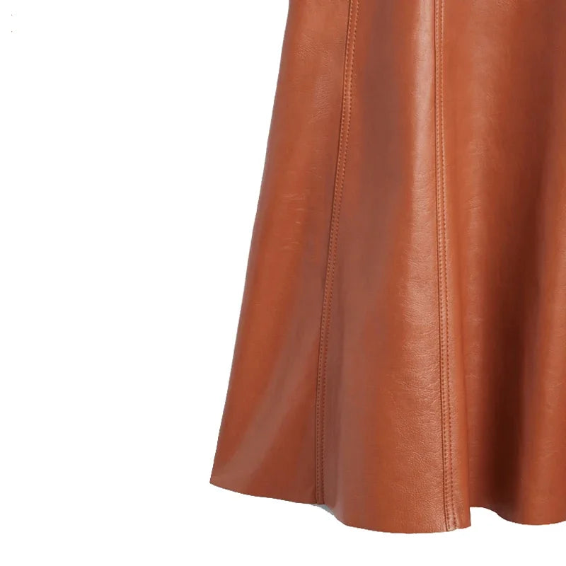 Leather Long 80cm Skirt Women New Fashion Attractive Seam Design Pleated Maxi Skirt Ladies Faldas Largas Streetwear Customizable