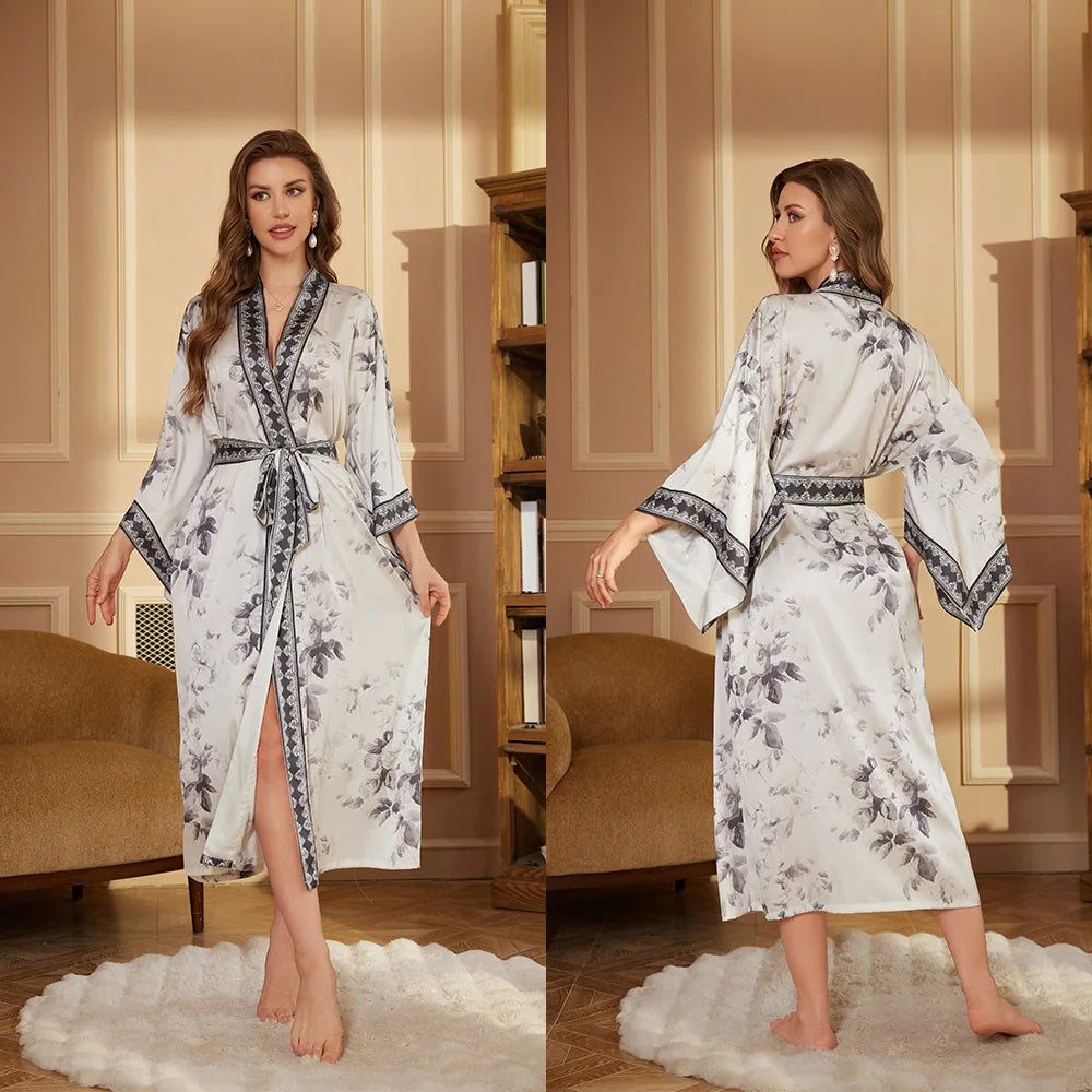 Women’s Satin Long Robe – Elegant Silky Dressing Gown with Belt | Spring & Autumn Pajama Robe