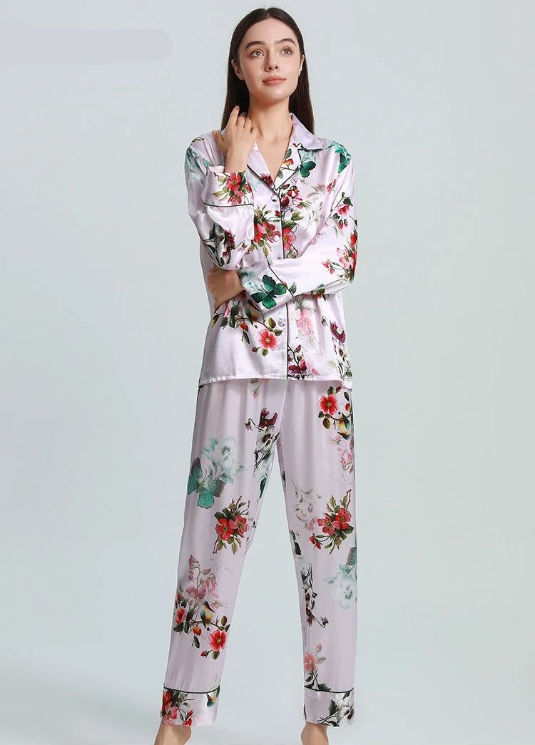 100% Real Silk Women’s Pajama Set – Printed Long-Sleeve Summer Home Suit