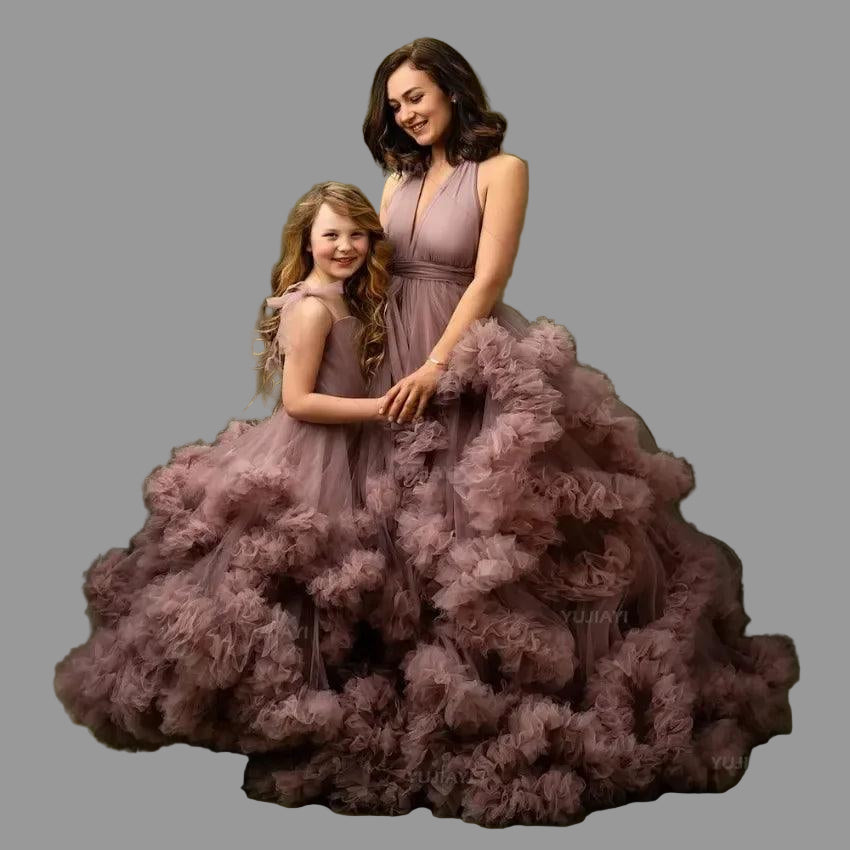 Mommy and Me Matching Dress Puffy Tulle Tiered Ruffles Mother and Daughter Dresses for Party or Photoshoot Family Look Ball Gown