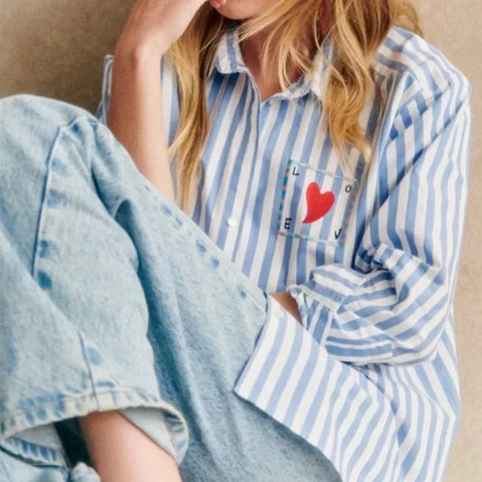Early Spring Women's Striped Letters Love Lapel Buttoned Long Sleeve Top Shirt - HER SHOP