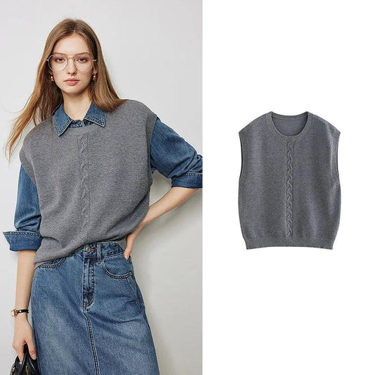 Women€™s Twisted Knit Sleeveless V-Neck Vest – Autumn Pullover Sweater Top - HER SHOP