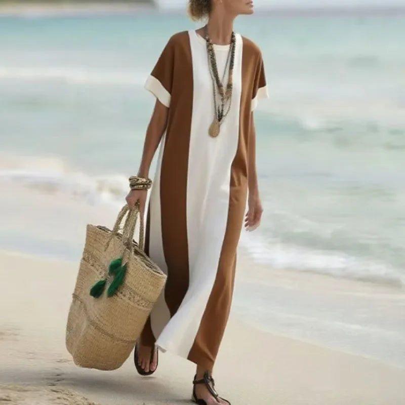 Elegant Retro Contrast Color Boho Maxi Dress – O-Neck, Short Sleeve, Loose Fit, Side Slit Long Dress for Women, Spring/Summer Vacation Style