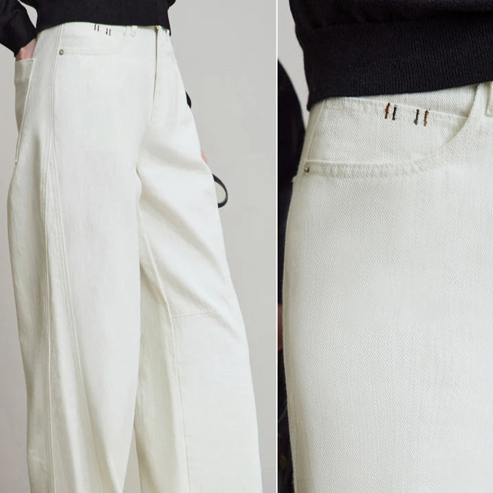White pants with a close-up of a pocket detail on a plain background, featuring the brand 'AMII'.