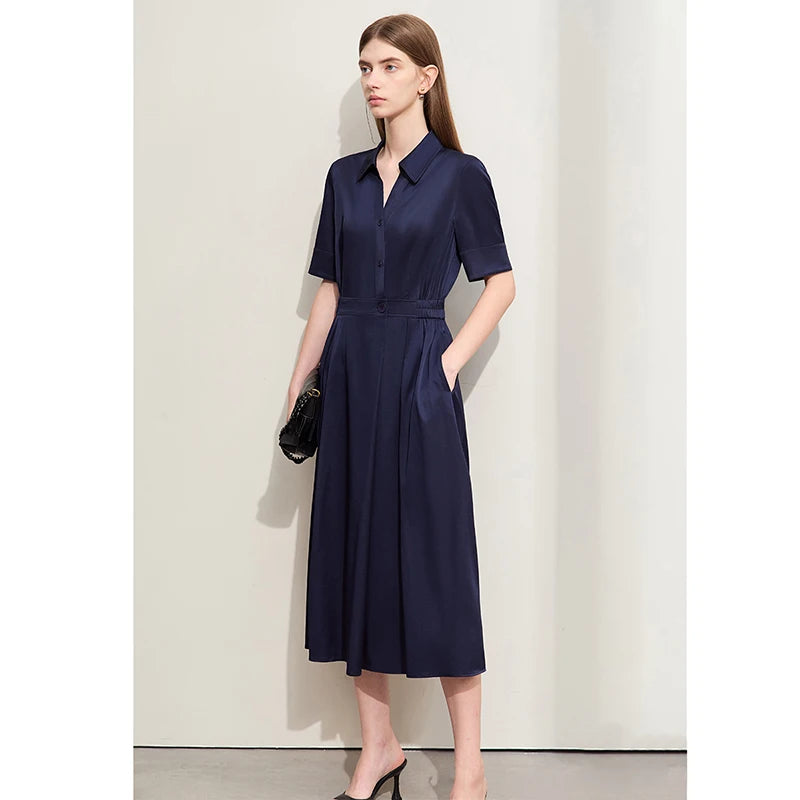 Minimalism Silk Dress for Women – Summer Light Luxury Lapel Half Placket Stretch Long Shirt Dress