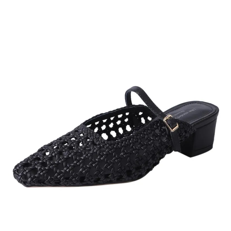 2025 Braided Slipper Women Covered Pointed Toe Buckle Up Mules Female Med Chunky Heels Daily Outdoor Breathable Slides