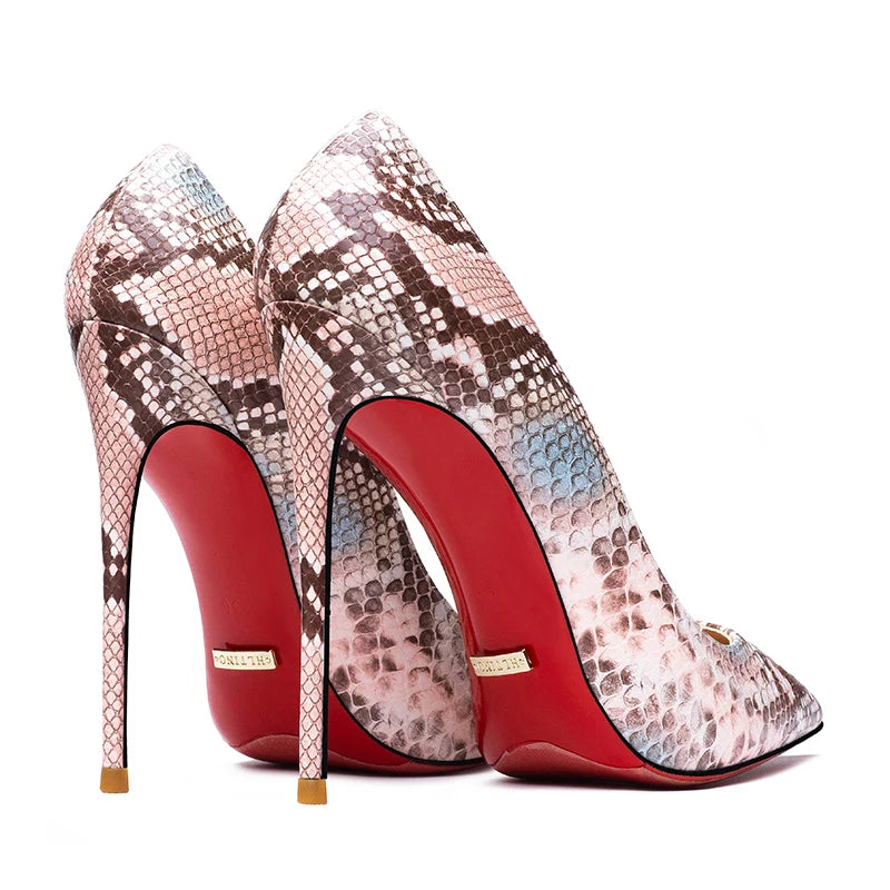 Elegant Woman Heel Shoes Serpentine pattern Pointed Toe Shallow High Heels Red Shiny Bottoms Pumps Luxury Designer Women's Shoes
