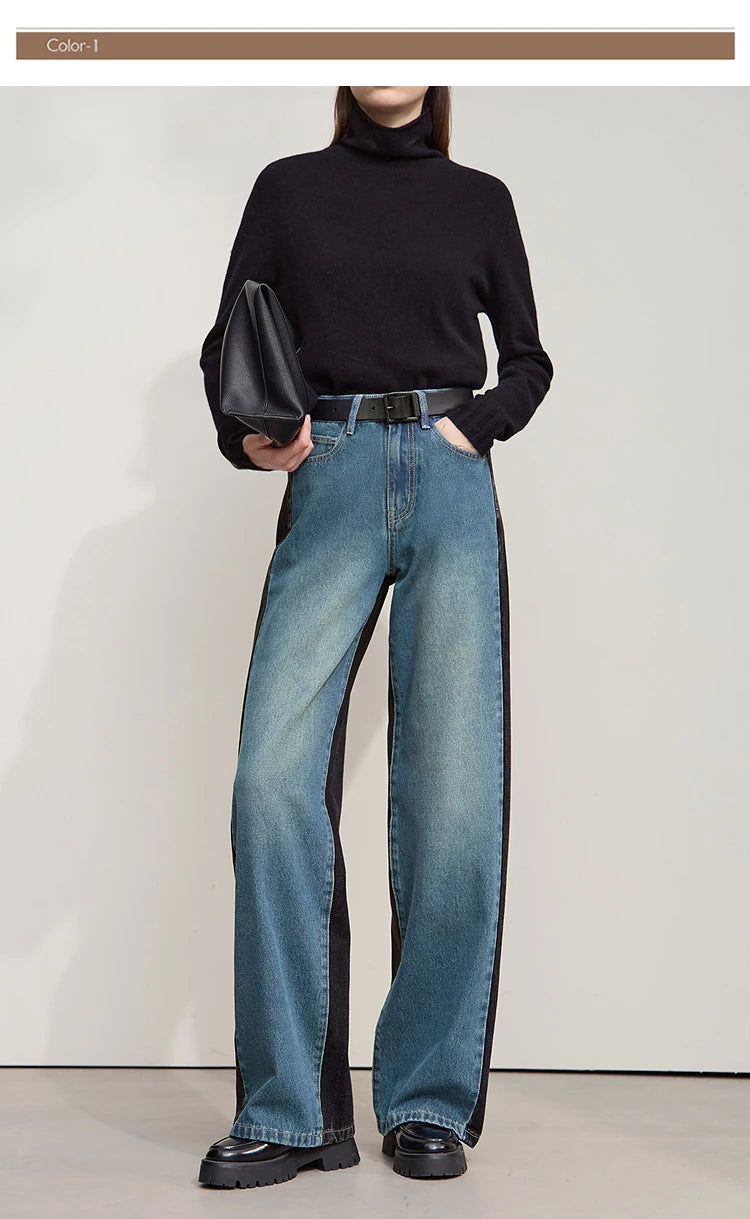 Retro Patchwork Wide-Leg Denim Jeans – Casual Loose Fit Women’s Pants