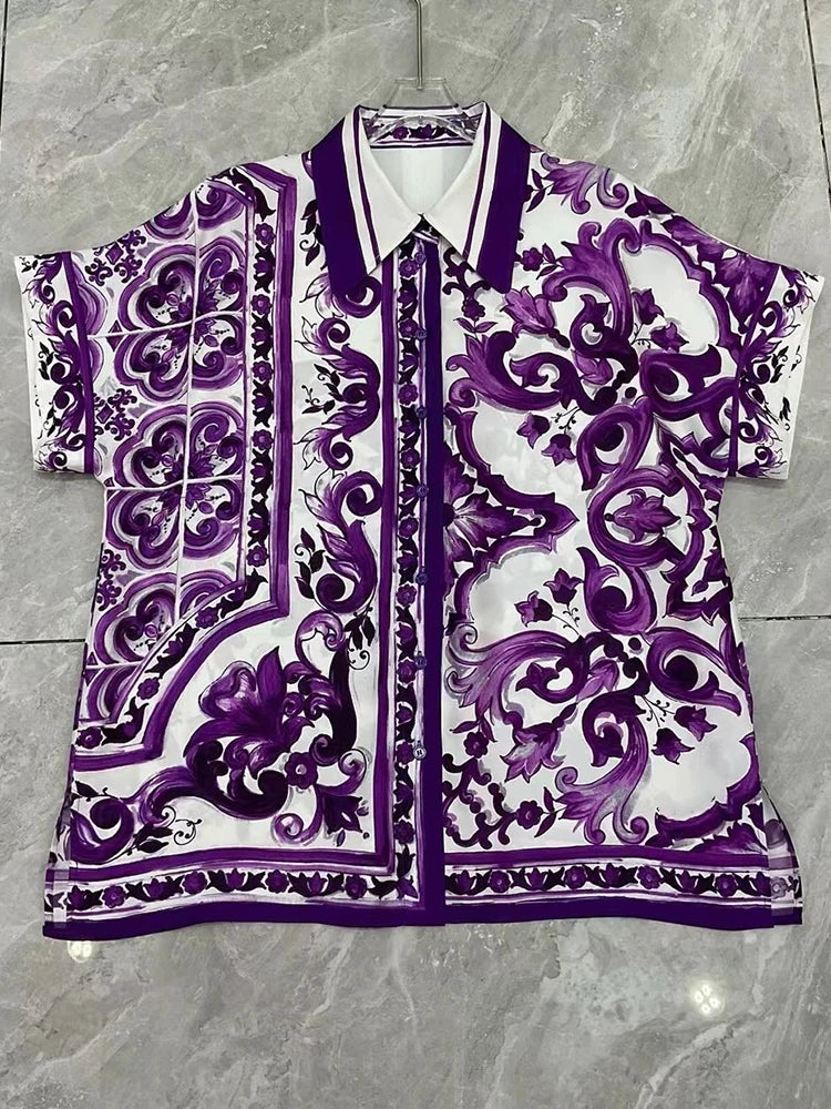 Short-sleeve shirt with purple and White pattern on a gray background