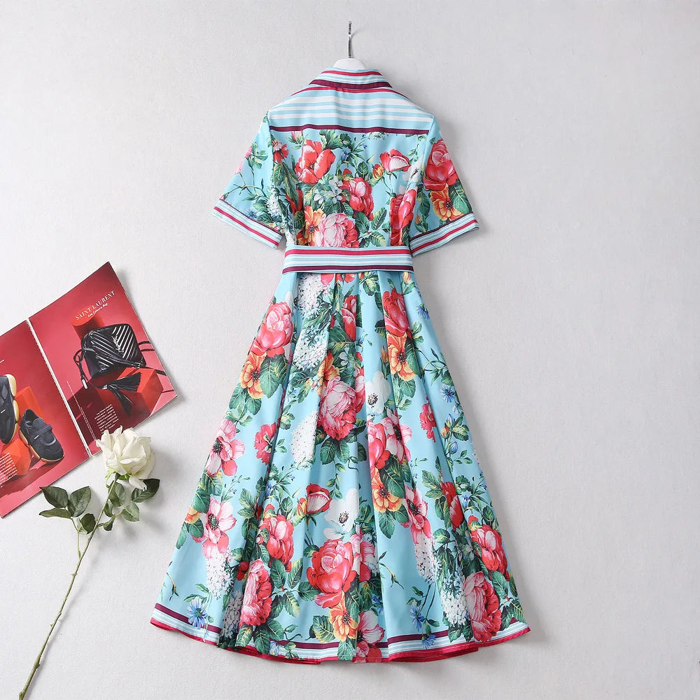 Women's Summer Floral Shirt Dress  -  2025 Runway-Inspired Midi with Lace-Up Waist | Casual Chic Short Sleeve Vestido