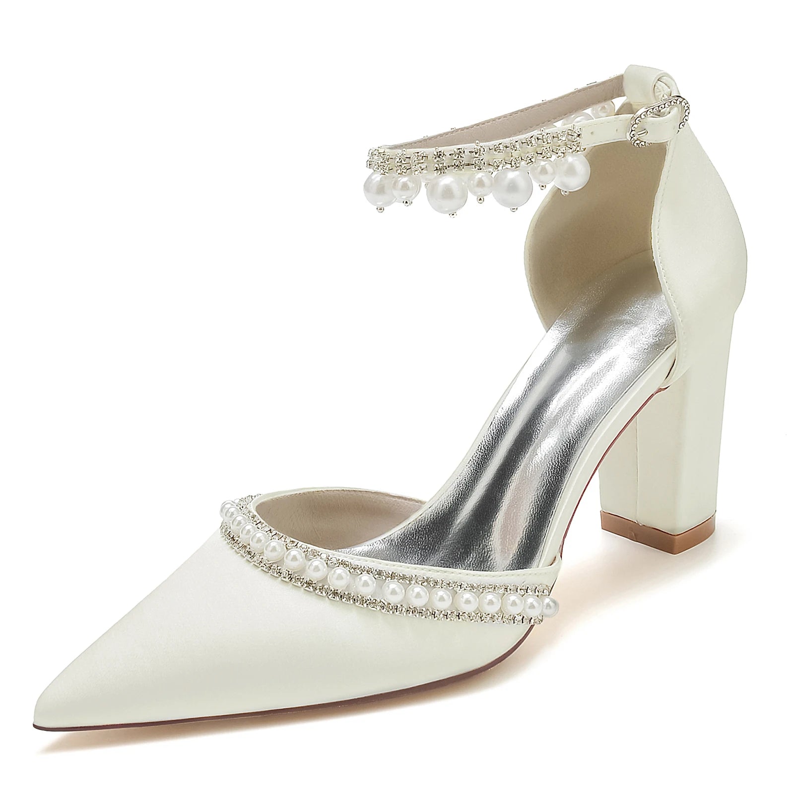 Elegant Satin Evening Pumps with Thick Block Heel, Pearls & Ankle Strap  -  Bridal, Prom, Party Shoes