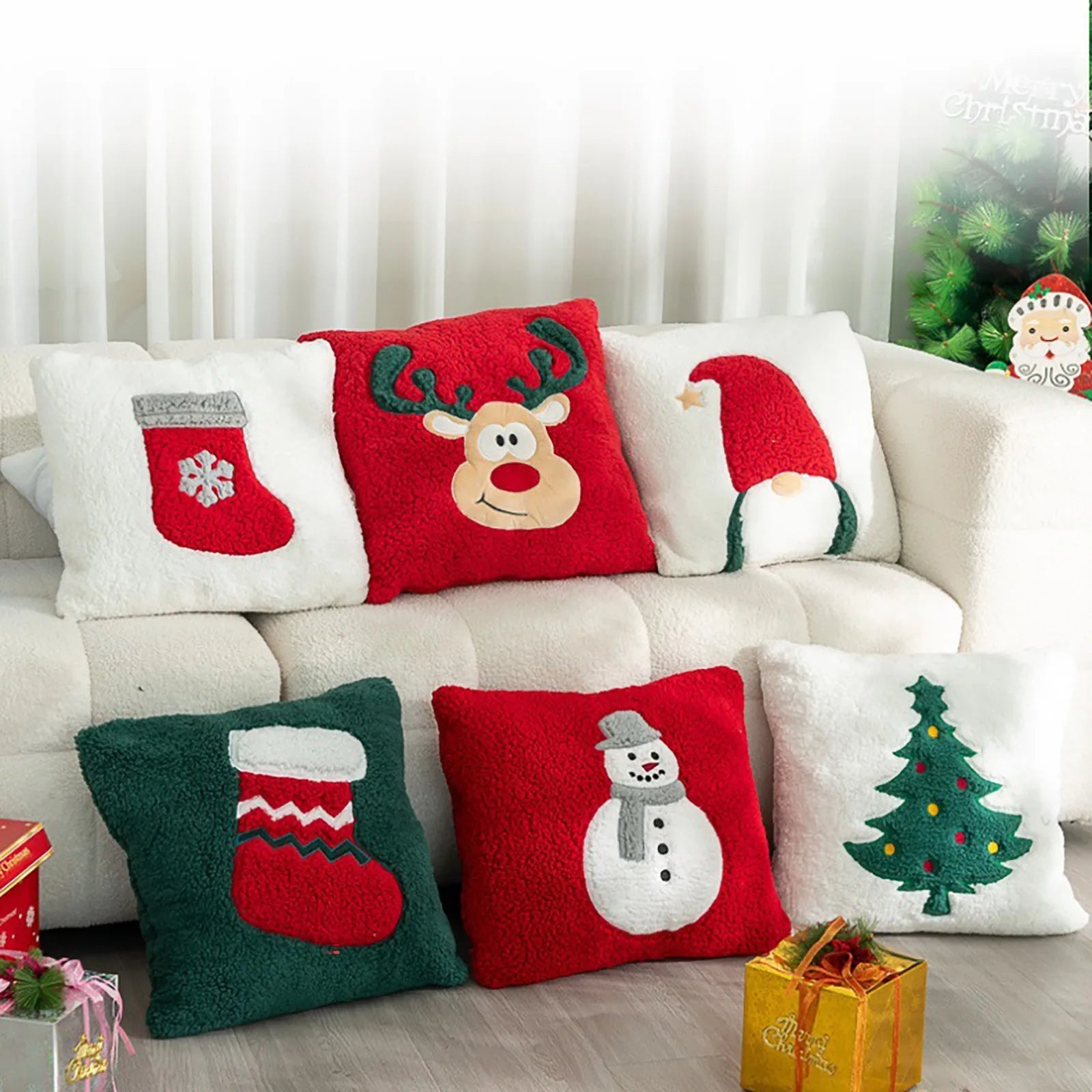Santa Claus Christmas Pillow Cover Decorative Cartoon Printed & Embroidered Cushion for Sofa, Bed, or Holiday Home Décor