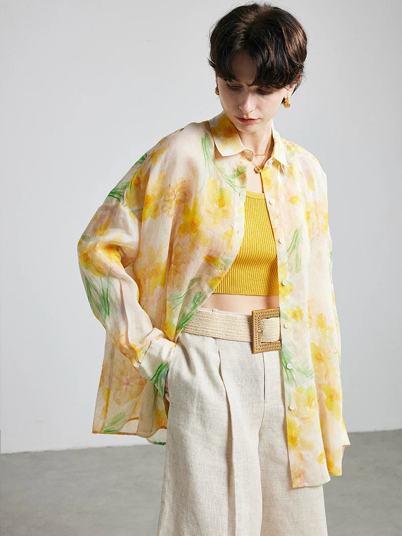100% Ramie Printed Blouse  -  Women's Turn-Down Collar Shirt in Blue, Green, or Yellow