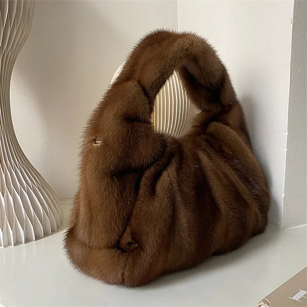 Women’s Real Mink Fur Luxury Shoulder Bag – Large Capacity Leather Crossbody Handbag
