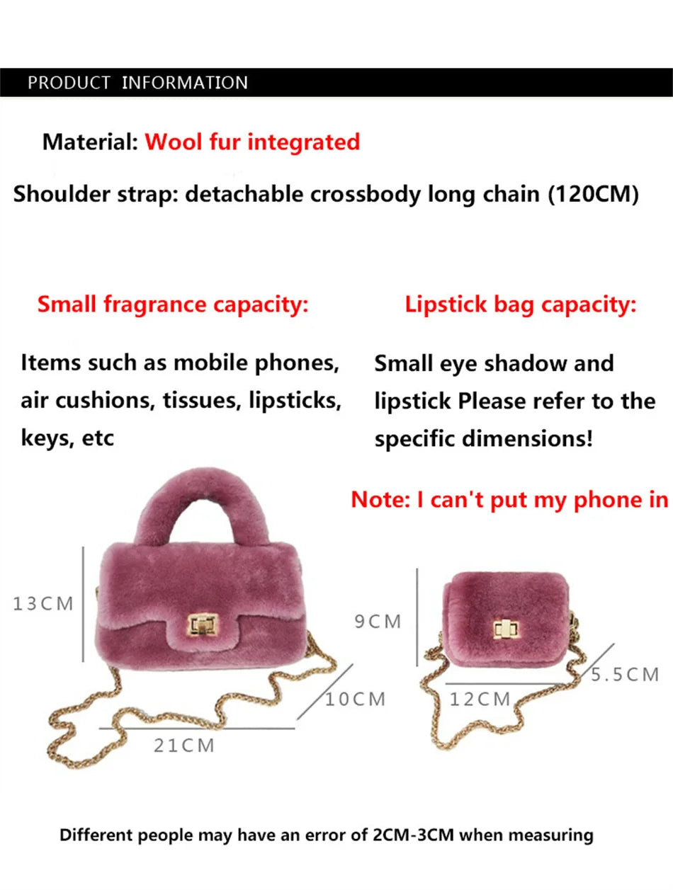 Lamb Fur Women’s Small Handbag – Soft Plush Chain Shoulder Bag & Fluffy Everyday Clutch