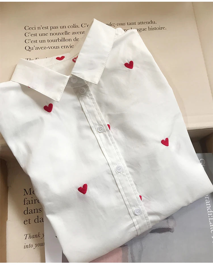 Women's Heart Embroidery Blouse - Turn-Down Collar, Single-Breasted, Fresh Long Sleeve Denim Shirt for Valentine's Day
