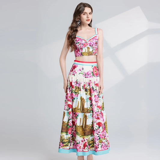 2025 Runway-Inspired Floral Print Two-Piece Set - Sleeveless Top & Skirt - HER SHOP®