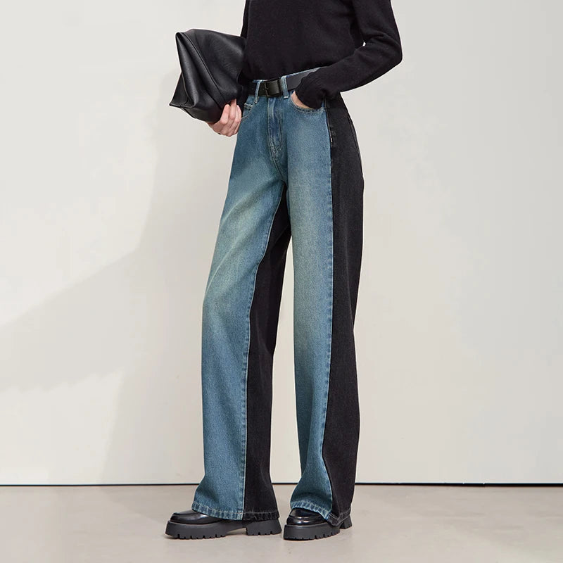 Retro Patchwork Wide-Leg Denim Jeans – Casual Loose Fit Women’s Pants - HER SHOP