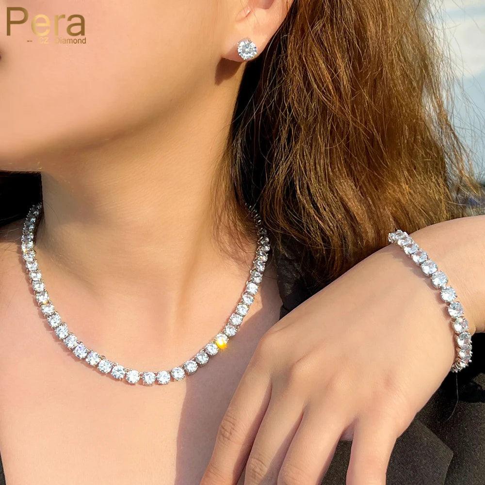 Shiny White CZ Crystal Tennis Wedding Jewelry Set – Choker Necklace, Earrings, and Bracelet (3-Piece Set)