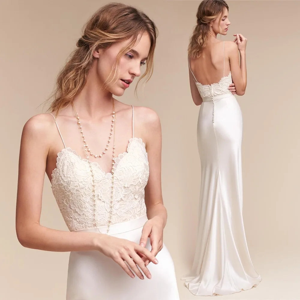 Elegant French Style Lace Evening Gown: Silk Backless, Spaghetti Strap, Floor-Length Cocktail Dress