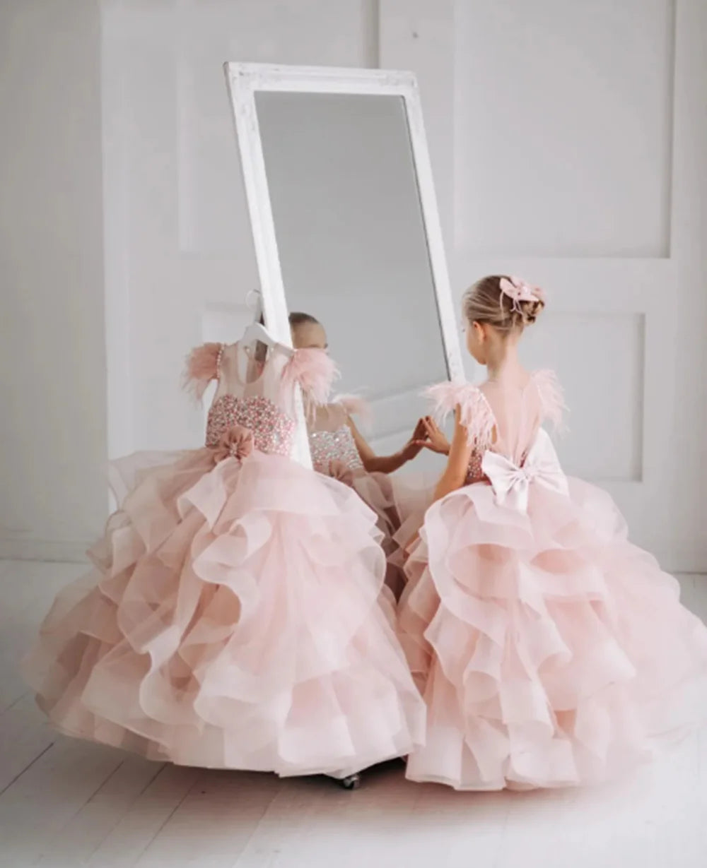 Customized Blush Pink Flower Girl Dress with Layered Feathers, Pearls & Bow – Elegant Kids’ Birthday Party and Wedding Gown