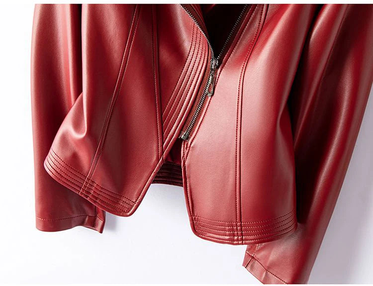 Women’s Sheepskin Leather Jacket – Short Slim Fit Split Design Coat in Black or Wine Red (M–5XL)