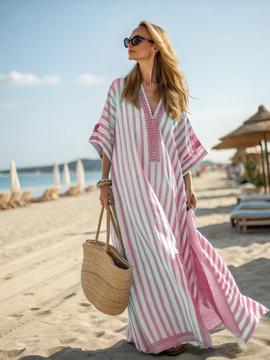 2026 Spring/Autumn Ethnic Print Maxi Dress V-Neck, Striped Contrast, Trumpet Sleeves, Loose Fit Vacation Long Dress for Women
