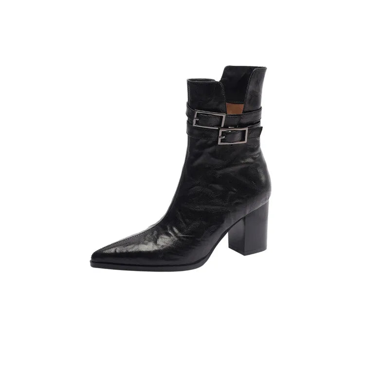 NEW Autumn Women Boots Pointed Toe Chunky Heel Boots Split Leather Shoes for Women Short Modern Boots Winter Belt Buckle Boots