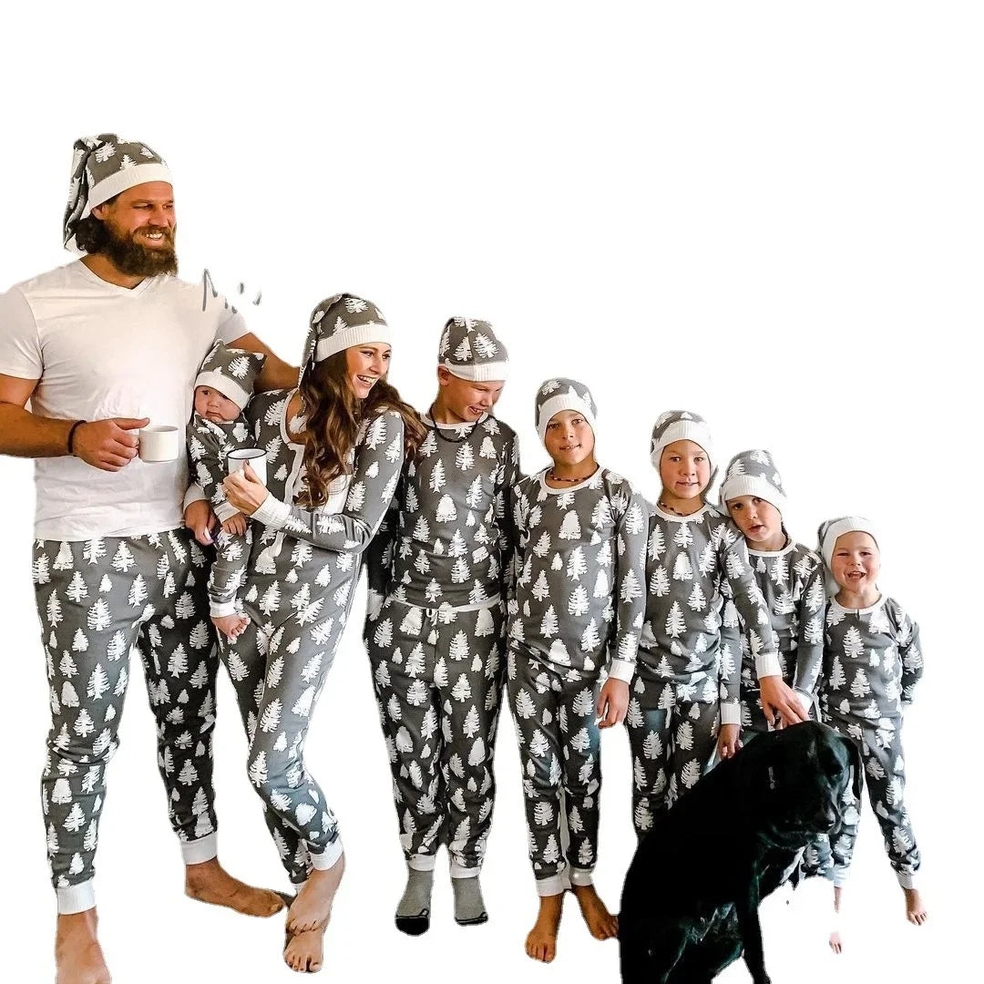 Christmas Family Matching Pajamas Set – Festive Tree Print Short Sleeve & Pants for Dad, Mom, Kids & Baby