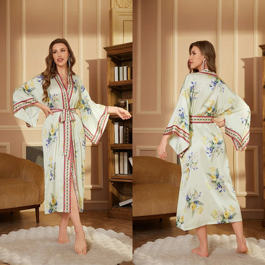 Women's Satin Long Robe | Elegant Silky Dressing Gown with Belt | Spring & Autumn Pajama Robe - HER SHOP