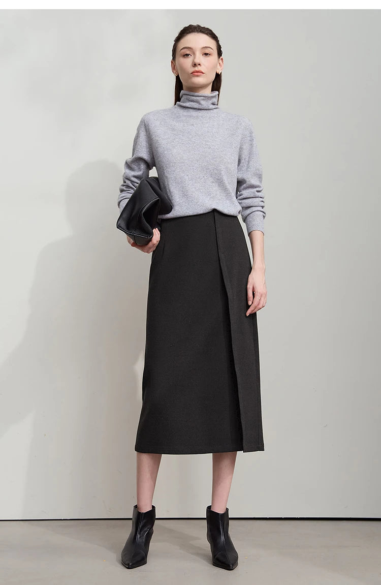 Minimalist Women's Brown Midi Skirt  |  2025 Autumn Retro Brushed Twill Side Slit Office Lady Skirt