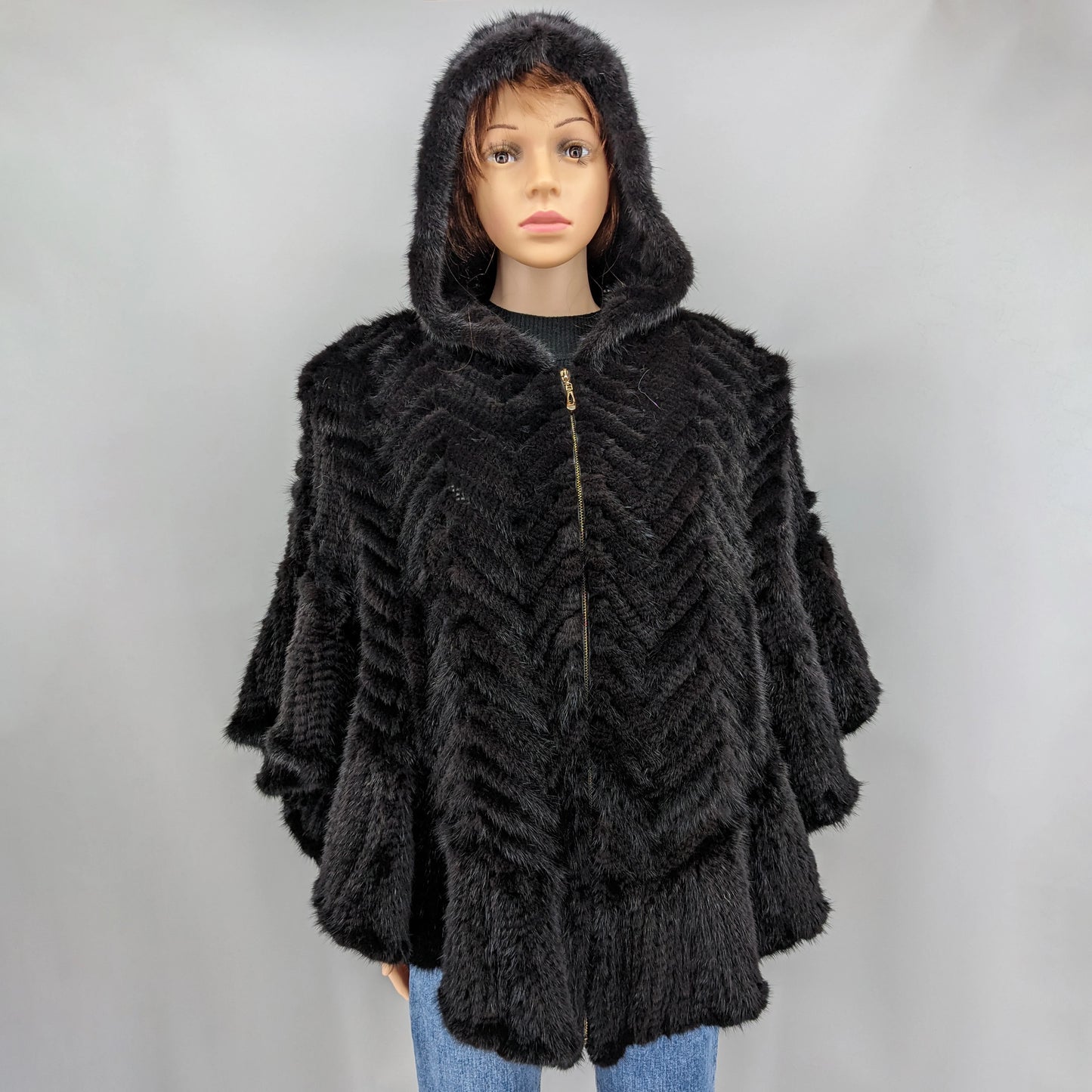 Luxury Real Knitted Mink Fur Cape with Hood – Ruffle Shawl Zipper Wrap for Women (Plus Size)