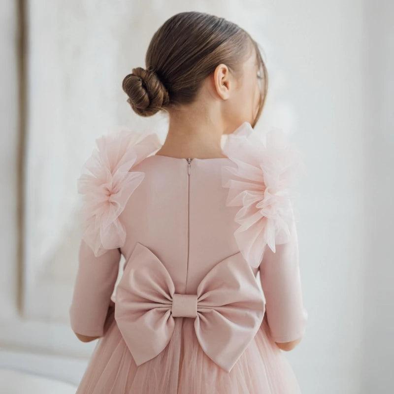 Light Pink Flower Girl Dresses Tulle With Bow Half Sleeve For Wedding Birthday Party Banquet Princess Gowns